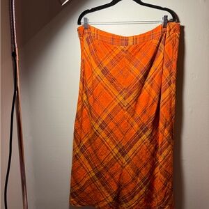 Vintage Kasper Orange Plaid A-Line Skirt 100% Linen